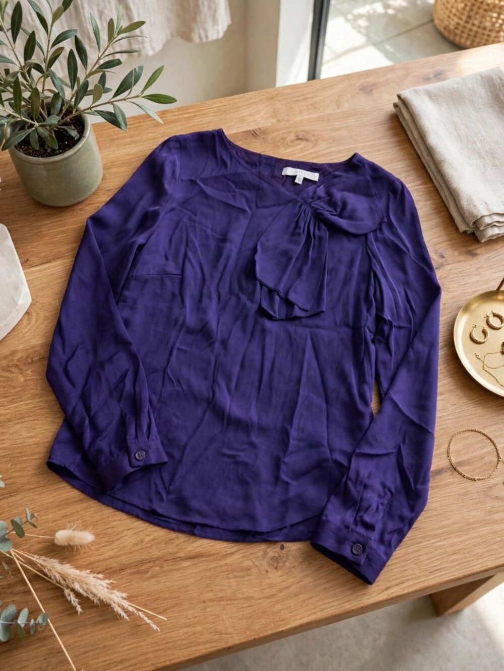 Milly Purple Silk Blouse Bow Neckline Button Back 0
